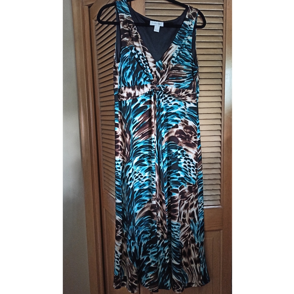 Maxi Wild Print Tropical Teal and Brown Dress Med